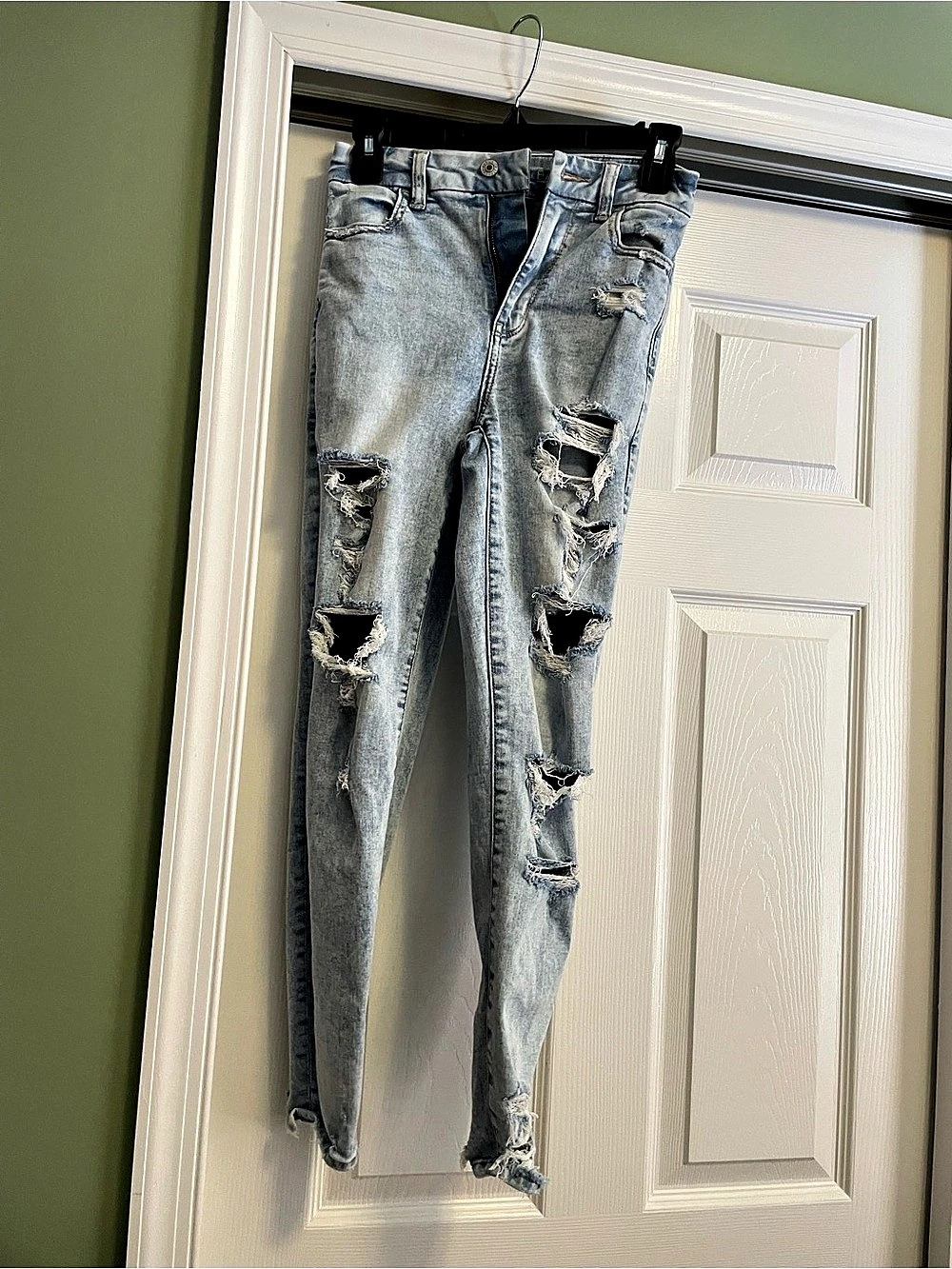 American Eagle Curvy Super Hi-Rise Jegging Distressed Blue Jeans Waist 0